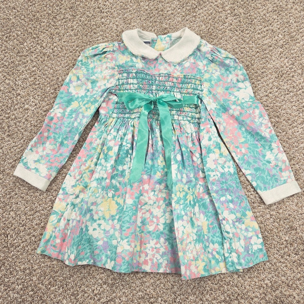 Girl's Vintage Polly Flinders Dress Smocked School Church Floral Bow Size 5